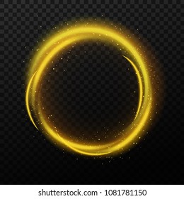 Magic sparkle circle and shining stardust. Golden cosmic glittering banner with glowing particles Set. Round Bright trail isolated on black background. Fairy dust. Glamour vector illustration.
