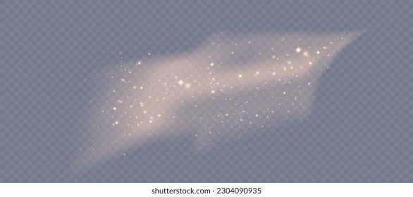 Magic sparkle cloud, golden magic stardust with sparks. Shiny mist for fairy tale illustrations, space dust with glowing flares isolated on dark background.