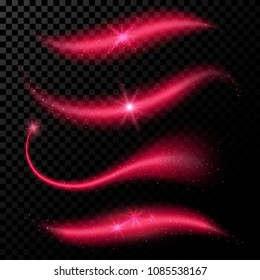 Magic sparkle comet and stardust. Pink cosmic glittering waves with glowing particles Set. Bright trail isolated on black background. Fairy dust. Glamour vector illustration.