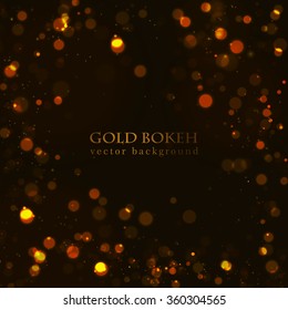Magic sparkle, gold dots on dark background. Vector bokeh effect. Fire lights defocused bokeh. Christmas lights