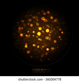 Magic sparkle, gold dots on dark background. Vector bokeh effect. Fire lights defocused bokeh