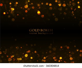 Magic sparkle, gold dots on dark background. Vector bokeh effect. Fire lights defocused bokeh