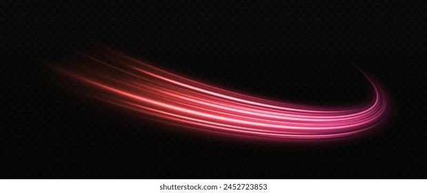 Magic sparkle lines. Gradient sparkling light trail. Shiny red wave on transparent background.