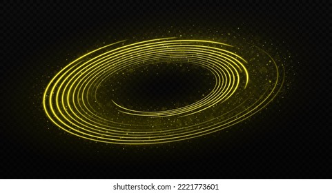 Magic sparkle ring. Golden speed lines on transparent background. Luminous golden circle ring of particles.