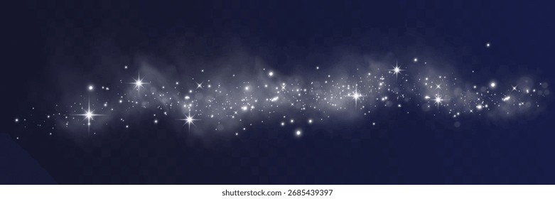 Magic sparkle smoke trail with glitter dust and glowing star effect on transparent background.