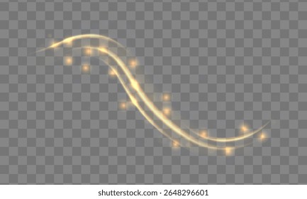 Vetor de brilho mágico. Onda de ouro brilhante com poeira estelar, trilha curva e feixe de luz. Espiral brilhante com brilho, textura de galáxia e cauda de cometa brilhante para design de fantasia abstrata e fundo glamouroso.


