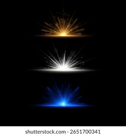 Brilho mágico em luz solar vibrante com brilho de lente brilhante feixe e luz festiva explosão brilho pó design brilhante ilustração isolada sol explosão concerto

