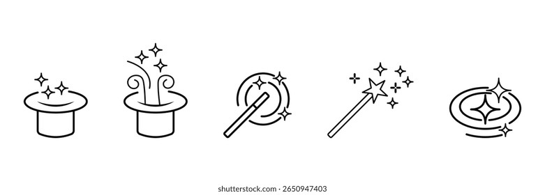 Magic sparkle wand hat star glow illusion enchantment mystery shine swirl effect fantasy icon set vector illustration.
