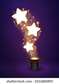Magic sparkles flying from hat. Vector background.