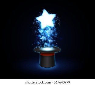 Magic sparkles flying from hat. Vector background.
