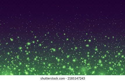 Magic Sparkles, Green Fairy Stardust With Sparks. Shiny Flying Fireflies, Witch Potion Effect. Cosmic Dust With Glowing Flares Isolated On A Dark Background. Vector Illustration.