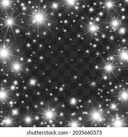 Magic sparkling background with shining twinkling stars. Luminous particles on a transparent layer. Can be used to overlay on your design. Happy Birthday, Christmas, New Years template. Vector