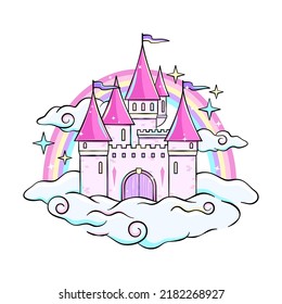 Magic sparkling castle on clouds with rainbow behind it, cute fantasy cartoon style vector drawing