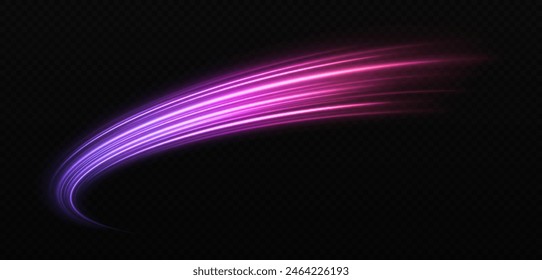 Magic sparkling comet. Shiny curve trail on a transparent background. Glowing wavy lines effect.