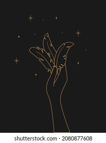Magic sparkling feathers in hand. contour esoteric elegant illustration