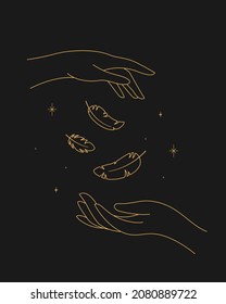 Magic sparkling feathers in hand. outline esoteric elegant illustration.