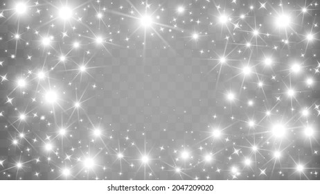 Fondo mágico de marco brillante con brillantes estrellas brillantes. Partículas luminosas en la rejilla de transparencia. Coincide con tu diseño. Feliz cumpleaños, Navidad, Año Nuevo, plantilla de eventos de vacaciones. Vector