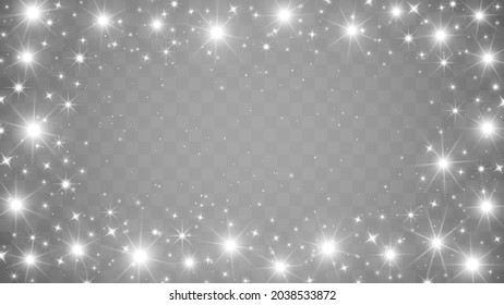Magic sparkling frame with shining twinkling stars. Luminous particles on a transparent background. Use to blend with your design. Happy Birthday, Christmas, New Year, Holiday Events template. Vector
