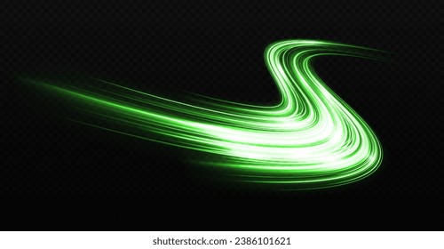 Rayos mágicos del cometa. Líneas luminosas sobre fondo transparente. Efecto de trazos de luz de alta velocidad. Cometa ondulado brillante con efecto ligero.