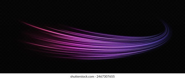 Magic sparkling trails of comet. Luminous lines on transparent background.