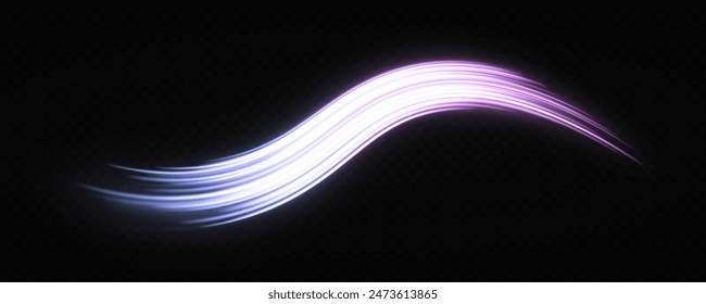 Magic sparkling trails of comet. Luminous lines on transparent background. High-speed light trails effect. Shiny wavy comet with light effect.