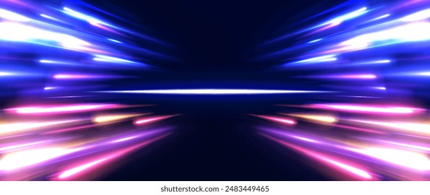 Magic sparkling trails of comet. Luminous lines on transparent background. Abstract neon color glowing lines background