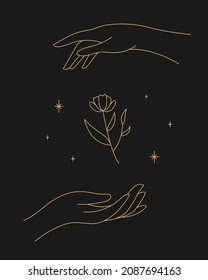 Magic sparkling twigs in hand. contour esoteric elegant illustration