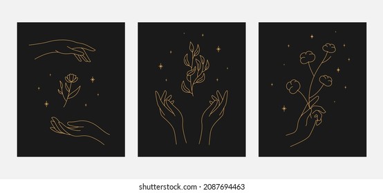 Magic sparkling twigs in hand. contour esoteric elegant illustration.