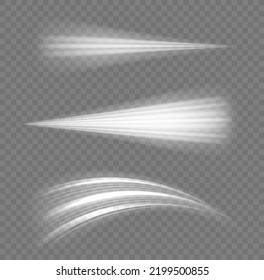 Magic speed flying trails of shine, bright shimmer particles fly. Glowing motion line. Light sparkling effect. Luminous lines of speed. Dynamic white waves. Vector illustration.