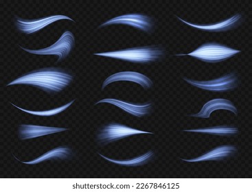 Magic speed flying trails of shine, bright shimmer particles fly. Dynamic sparkle waves. Blue glowing motion line. Luminous lines of speed. Light sparkling effect. Vector illustration.