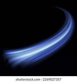 Rayos voladores mágicos de brillo, partículas brillantes de brillo vuelan. Olas de chispa dinámicas. Línea de movimiento brillante azul. Líneas de velocidad luminosas. Efecto espumoso claro. Ilustración vectorial.
