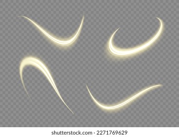 Magic speed flying trails of shine, bright shimmer particles fly. Light sparkling effect. Dynamic golden waves. Yellow glowing motion line. Luminous gold lines of speed. Vector illustration.