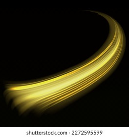 Rayos voladores mágicos de brillo, partículas brillantes de brillo vuelan. Efecto espumoso claro. Olas doradas dinámicas. Línea de movimiento amarillo brillante. Luminosas líneas de velocidad de oro. Ilustración vectorial.
