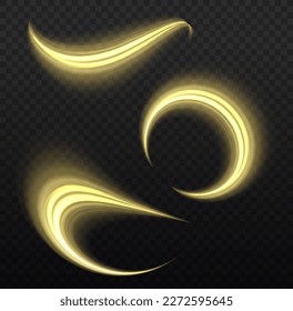 Zaubergeschwindigkeit fliegende Pfade glänzender, heller Schimmer-Partikel fliegen. Dynamische goldene Wellen. Gelbe glühende Bewegungslinie. Leuchtende goldene Geschwindigkeitslinien. Lichtfunkelnde Wirkung. Vektorgrafik.