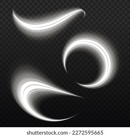 Zaubergeschwindigkeit fliegende Pfade glänzender, heller Schimmer-Partikel fliegen. Weiße, leuchtende Bewegungslinie. Dynamische Funkelwellen. Leuchtende silberne Geschwindigkeitslinien. Lichtfunkelnde Wirkung. Vektorgrafik.