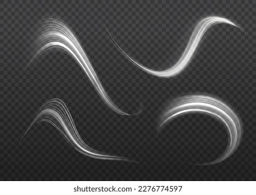 Magic speed flying trails of shine, bright shimmer particles fly. Light sparkling effect. Dynamic silver waves. White glowing motion line. Luminous lines of speed. Sparkle twist vector