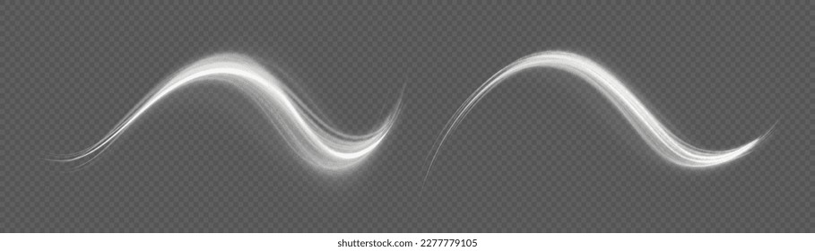 Rayos voladores mágicos de brillo, partículas brillantes de brillo vuelan. Efecto espumoso claro. Olas dinámicas de plata. Línea blanca de movimiento brillante. Líneas de velocidad luminosas. Vector de torsión de espuma