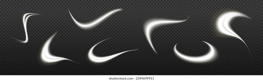 Magic speed flying trails of shine, bright shimmer particles fly. Light sparkling effect. Dynamic silver waves. White glowing motion line. Luminous lines of speed. Sparkle twist vector