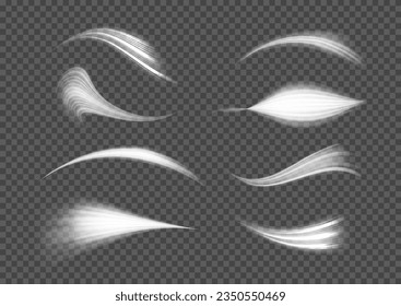 Magic speed flying trails of shine, bright shimmer particles fly. Light sparkling effect. Dynamic silver waves. White glowing motion line. Luminous lines of speed. Sparkle twist vector