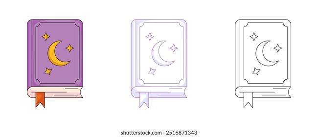 Magic spell book, colorful and line icons set. Traditional halloween mystic symbol. Vector flat icon, monochrome purple, color, outline illustration. For logo, sticker, coloring book, label, print