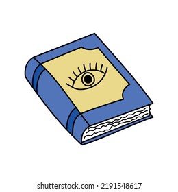 Magic spell book doodle isolated. Vector hand drawn illustration of witch attribute. Colorful outline magical book with mystical eye. Witchcraft symbol. 