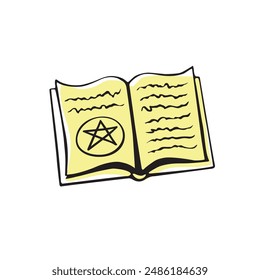 Magic spell book in doodle style. Witch open book with esoteric magical symbols. Vector illustration.