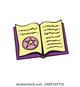 Magic spell book in doodle style. Witch open book with esoteric magical symbols. Vector color illustration.