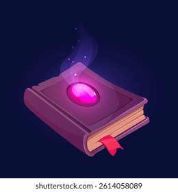Magic spell book with glowing gemstone and red ribbon bookmark. Fantasy vector illustration on dark background