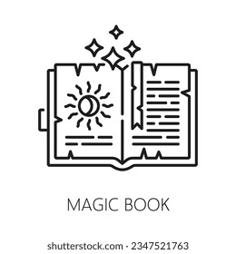 Magic spell book icon for witchcraft esoteric, astrology and mystery, vector symbol. Witch spell book line icon for occult magic and tarot cards sign, spiritual occultism, alchemy and esoteric magic