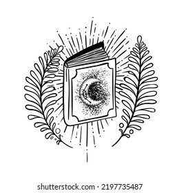 Magic spell book. Outline vector illustration isolated on white background for Halloween.  Tattoo, astrology, alchemy, boho and magic symbol. Coloring book.
