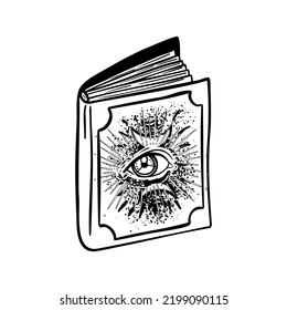 Magic spell book. Outline vector illustration isolated on white background for Halloween.  Tattoo, astrology, alchemy, boho and magic symbol. Coloring book.
