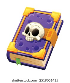 Magic spell book with skull decoxration on the cover, perfect for magical and spooky themes. Vector cartoon illustration