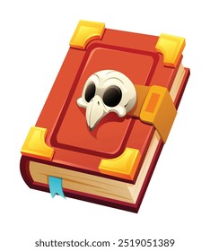 Magic spell book with skull emblem, perfect for fantasy or Halloween themes. Vector cartoon illustration