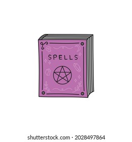 Magic spell book vector illustration. Hand drawn purple old witch book full of dark magic spells. Isolated.